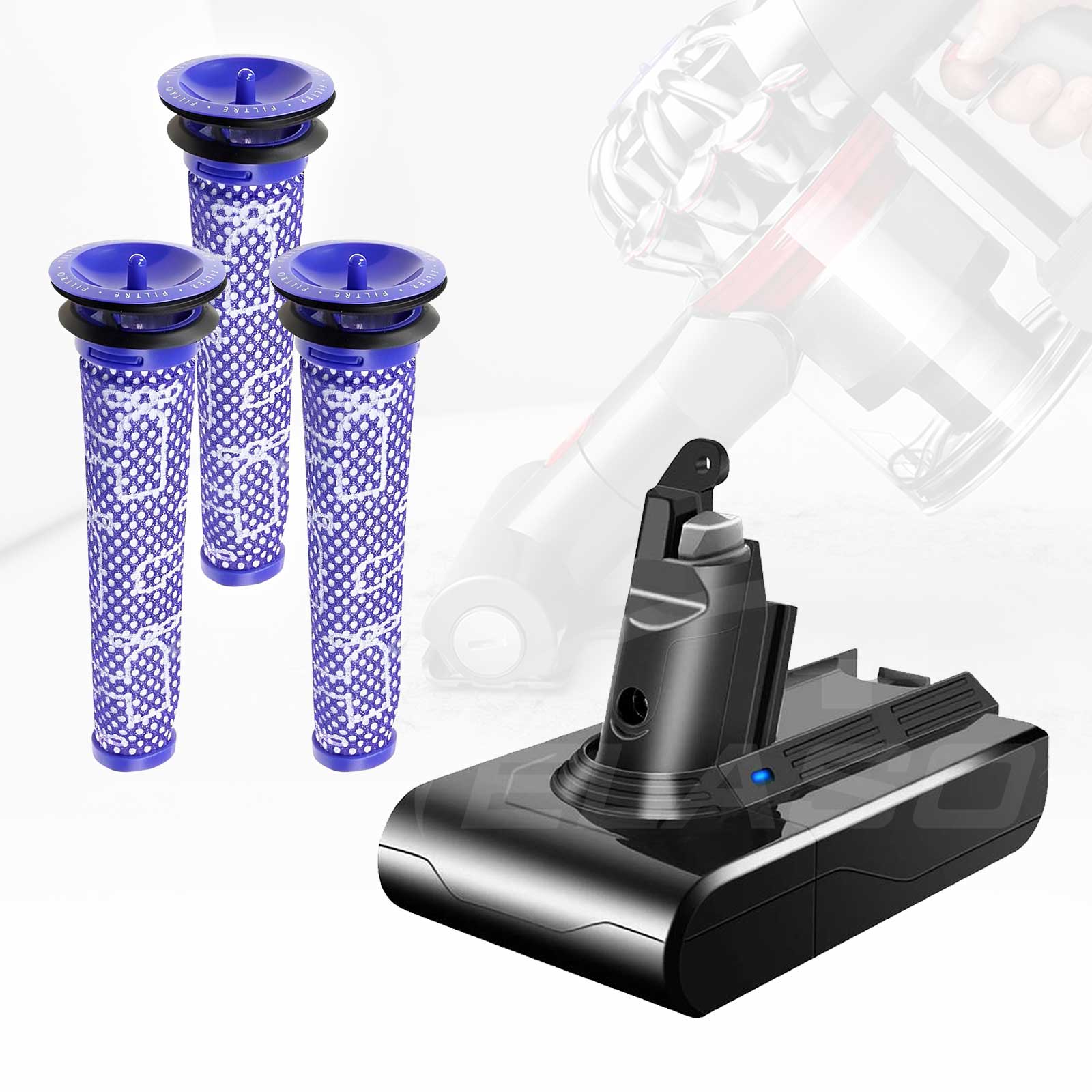 Replacement Battery & Pre Filter for Dyson V6 DC58 DC59 DC61 DC62 SV09